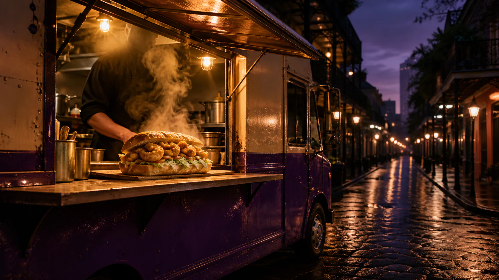 A glowing po'boy food truck on a rain-slick French Quarter street