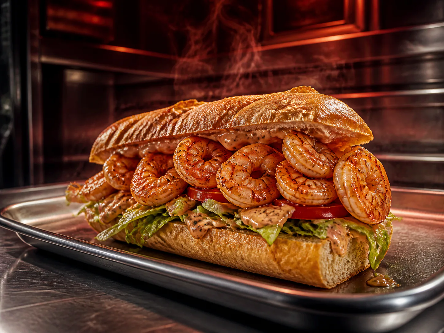 Cayenne shrimp po'boy on a brushed metal serving tray